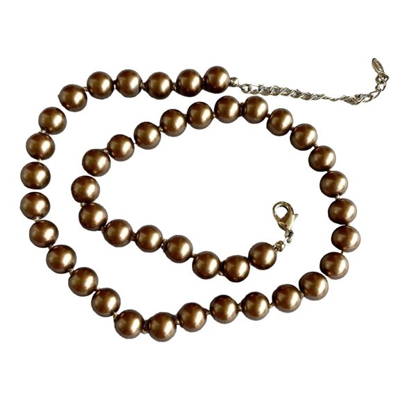 Monet Bronze Colored Faux Pearl Bead Necklace 16 to 18" w/ 8mm Beads Extender - Picture 3 of 9